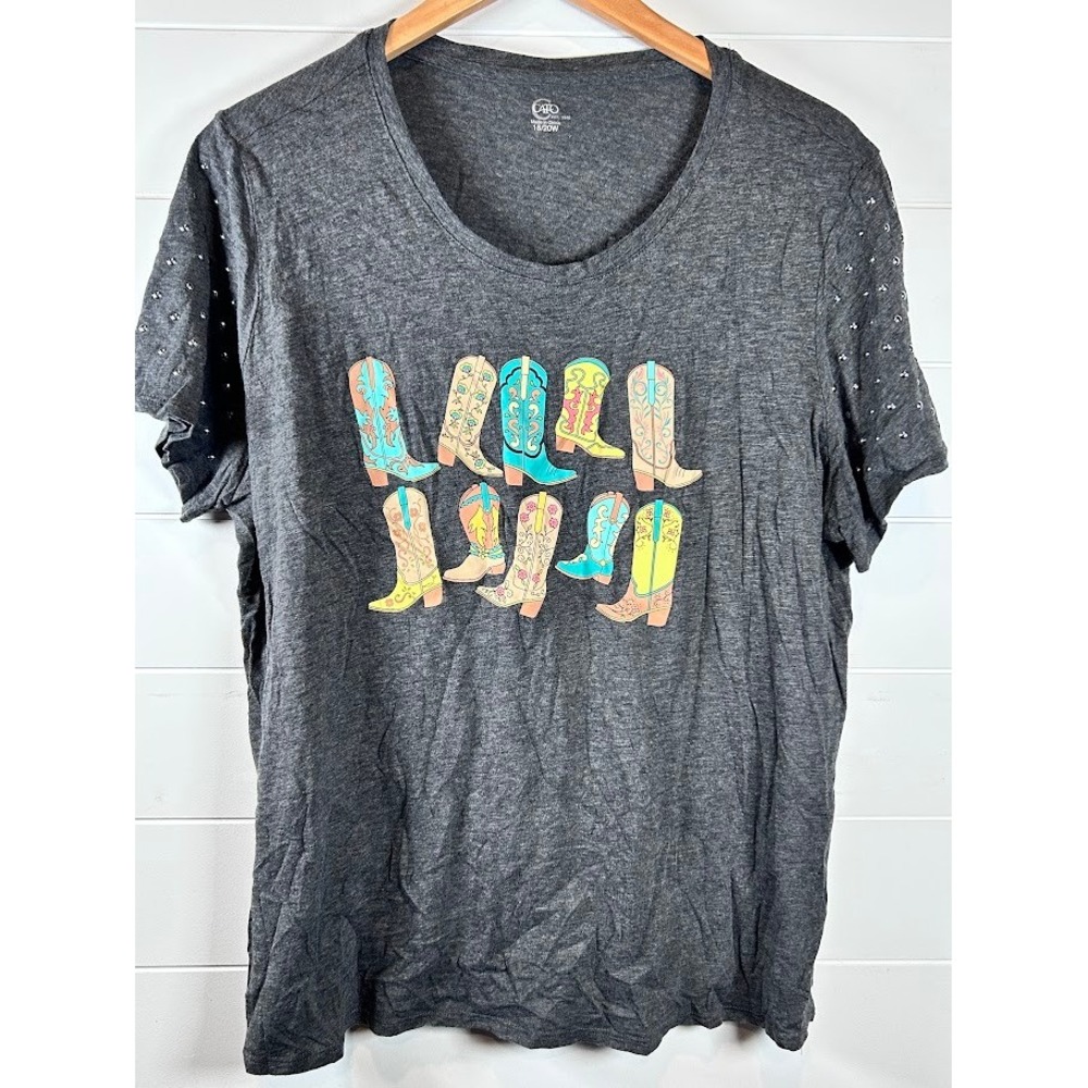 Cato Women's Dark Gray T Shirt Studded Sleeves Cowboy Boot Graphic Size 18 20W